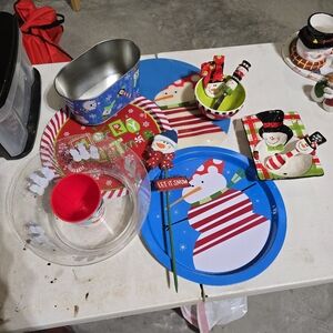 Snowman Lot #1: 2 Trays, Placemat, Bowl, Tin, Cup, 2 Ceramic Bowls/ Spoons